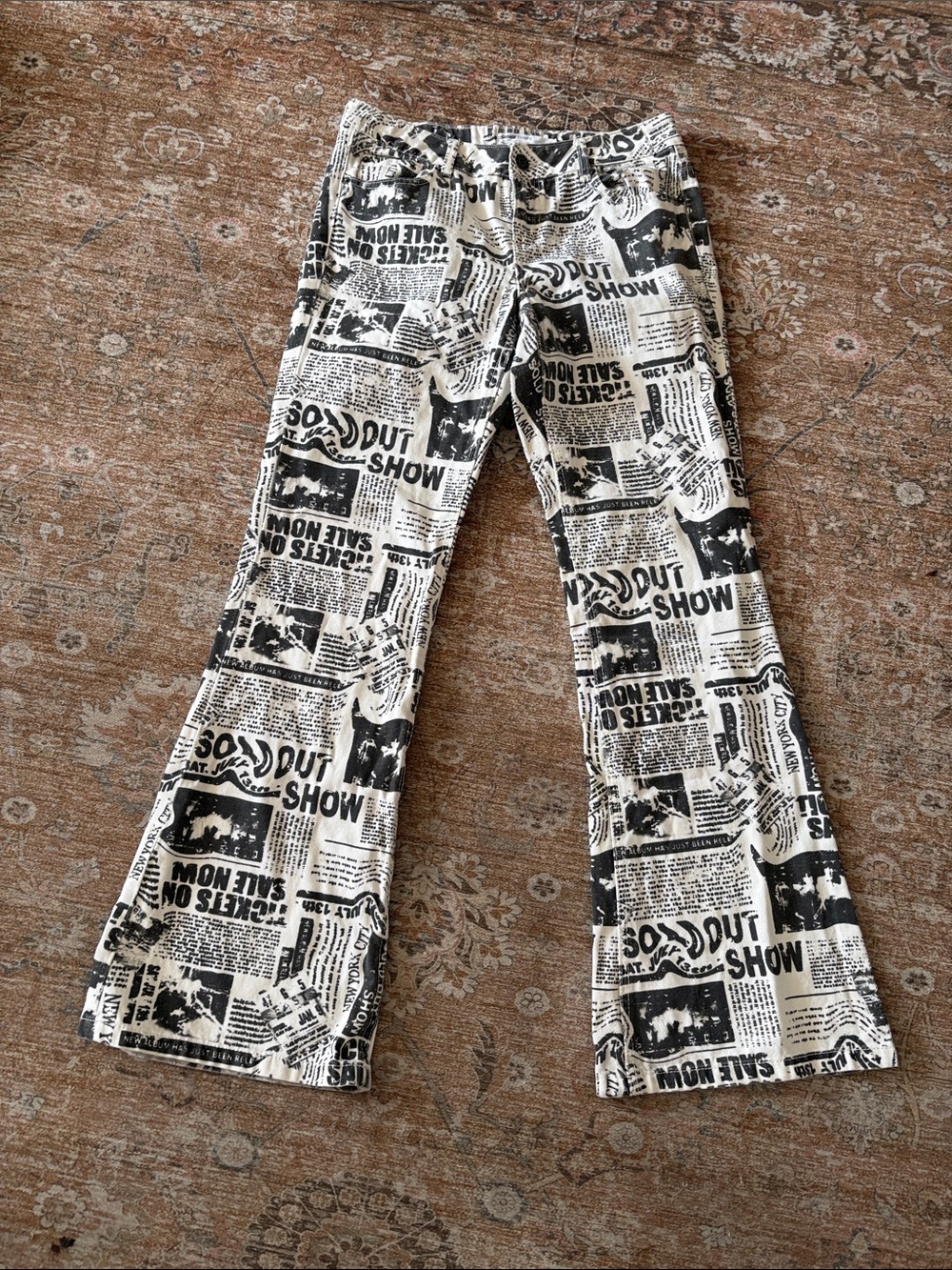 Garage Black & White Newspaper Print Flared Jeans
